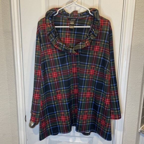 Ali Miles Women’s 2X Tartan Plaid Ruffle Neck Tunic Top Blouse Christmas Holiday - Picture 1 of 7